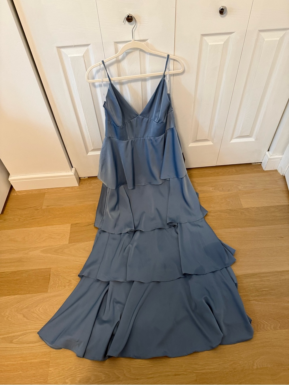 Lulu's Going with Elegance Slate Blue Satin Tiered Gown